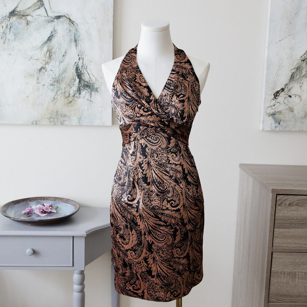 Evan Picone Black and Bronze Paisley Halter Cocktail Dress NWT size 2